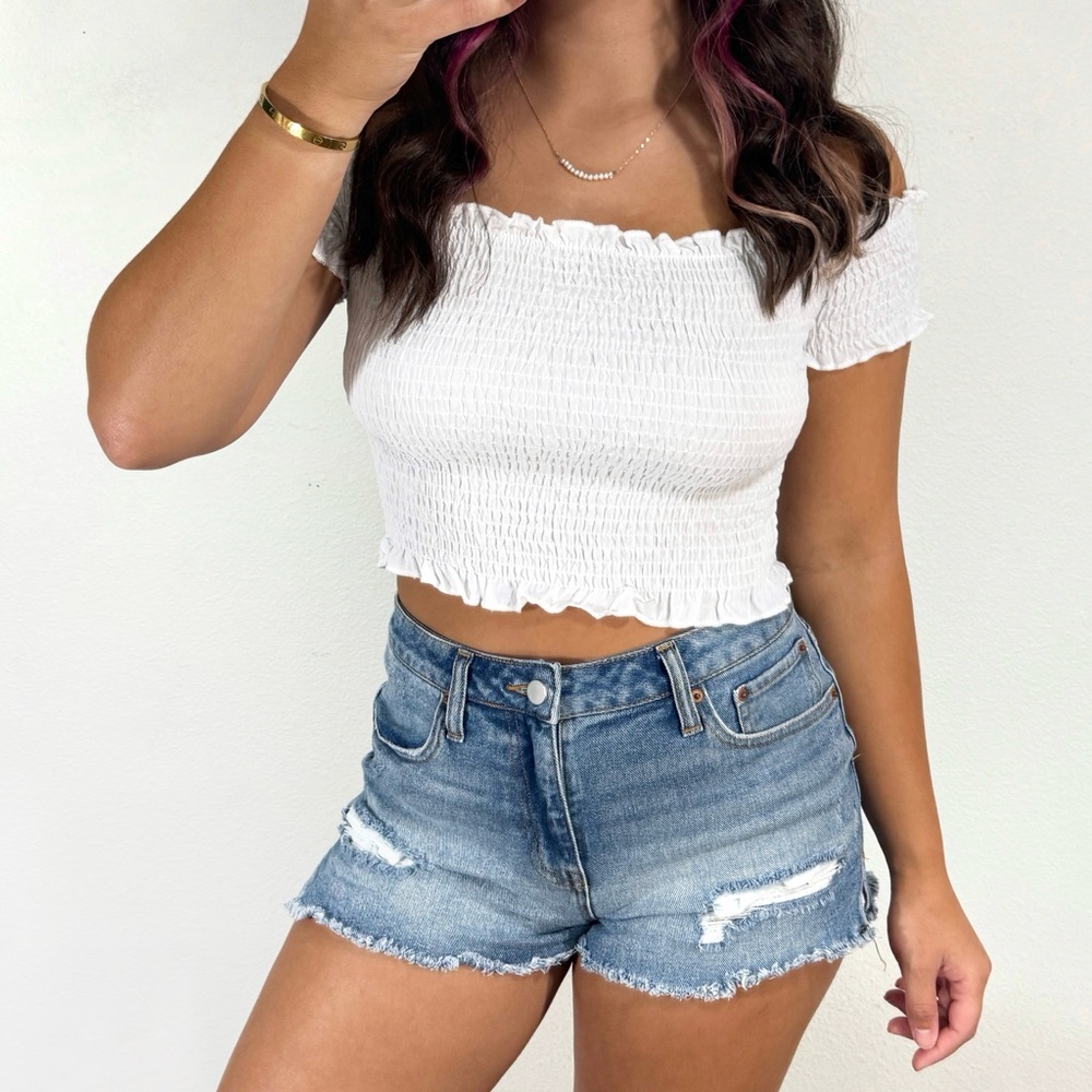 White ruched off the shoulder crop top